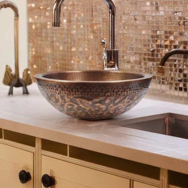 Natural Aging Handcrafted Embossed Leaf With Hammered Copper Sink
