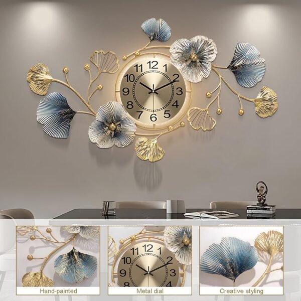 Large Metal Wall Clocks Silent Creative Decorative Clock,3D Ginkgo Leaf Wall Clocks for Living Room Bedroom Kitchen Office Decor (33.6 X 20 inch)